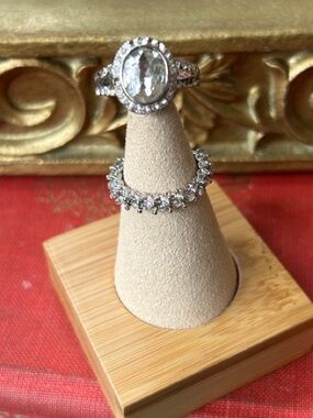 Sterling Silver White Crystal Halo Ring and Eternity Band Set